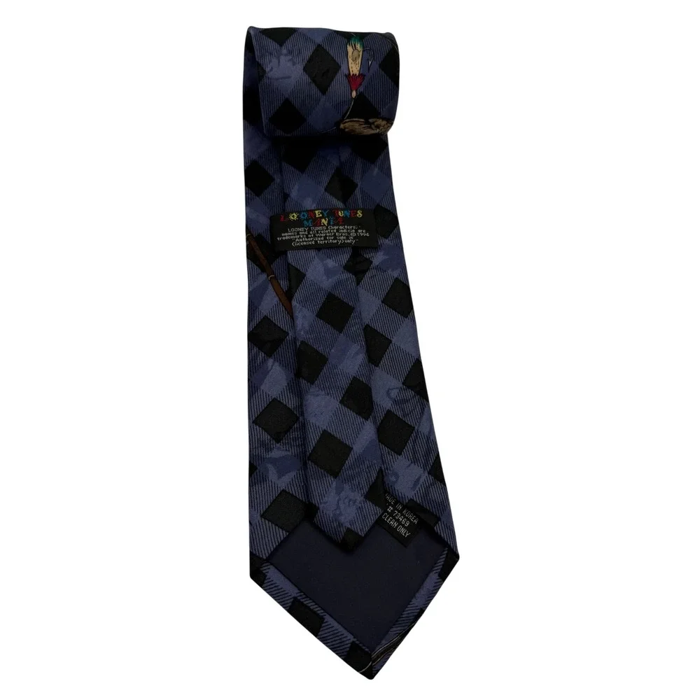 Looney Tunes Tazmanian Devil Fishing Tie 1996‎ Polyester Blue Plaid Work